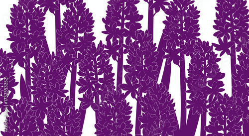 Abstract pattern of violet hyacinth flower spikes against a white background