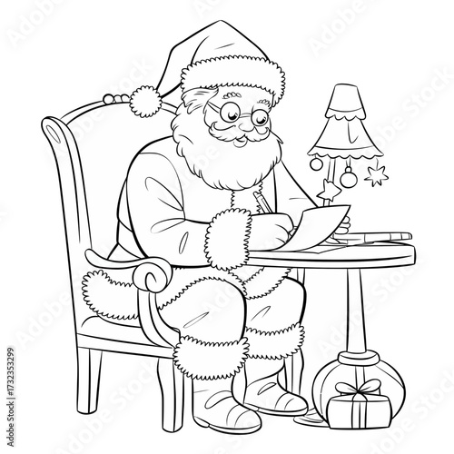 Black and white vector illustration of santa claus writing by candlelight with christmas tree and gift silhouette white background
