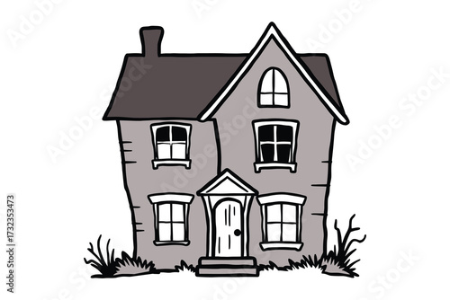  creepy house building with two windows and a pointed roof