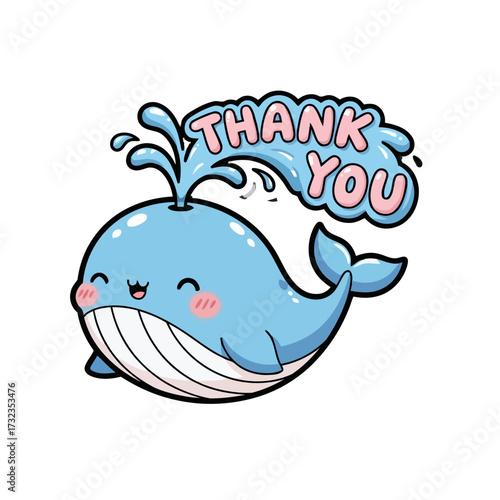 An adorable cartoon whale spouting water with the words thank you written in bubbly, playful font, isolated on transparent, conveying cheerful and aquatic expression gratitude