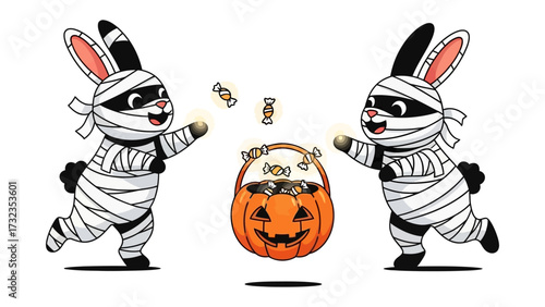 Bunny Fun on Halloween: Two adorable bunnies, wrapped in bandages, are playing a game of catch, tossing candies toward a pumpkin basket, bringing the Halloween spirit.