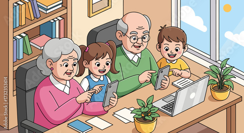 Cartoon illustration of grandparents and grandchildren using smartphones and a laptop at a desk in a bright room.