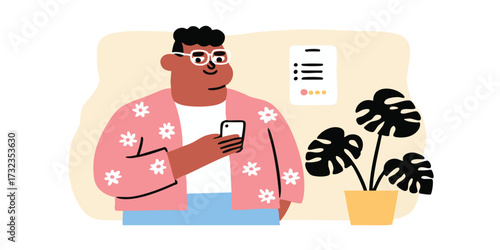 A modern individual in glasses examines a smartphone, reflecting on modern life and digital connection, alongside a potted plant that complements the soft color palette of the illustration.