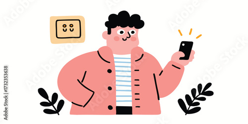 A cheerful illustration captures a man engrossed in his phone, possibly using a mobile app. a simple and appealing design for a modern audience.