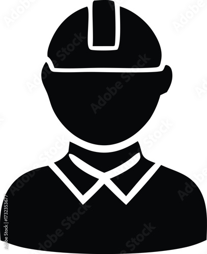 Iconic silhouette of a construction worker wearing a hard hat representing industry labor and professional engineering safety personnel.