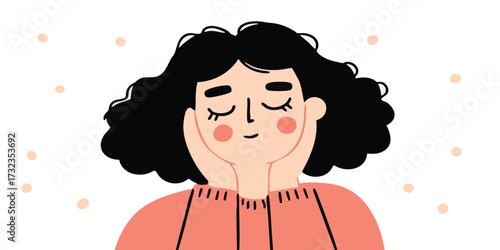 A tranquil woman with dark hair embodies serene contemplation, her eyes closed and a gentle smile gracing her lips, evoking a sense of calm and peacefulness.