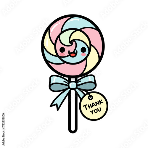 Whimsical kawaii lollipop with cheerful face and light blue bow, featuring thank you tag, , ideal for sweet messages, party favors, and delightful designs expressing thanks