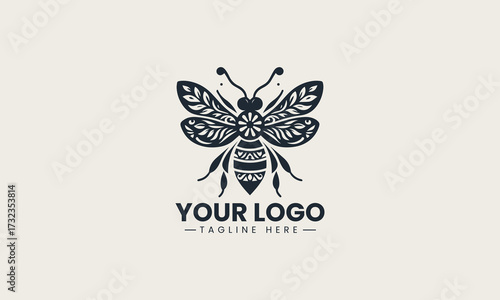 Decorative black silhouette of an elegant honey bee featuring beautiful floral and leafy ornamental vector design
