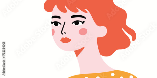 A vibrant illustration depicts a young woman with ginger hair, her face expressing a blend of contemplation and confidence. The image captures a minimalist aesthetic.