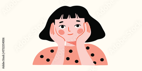 An artistic and endearing illustration of a charming girl looking directly at viewer. The soft style and delightful character design and aesthetic bring the illustration to life.
