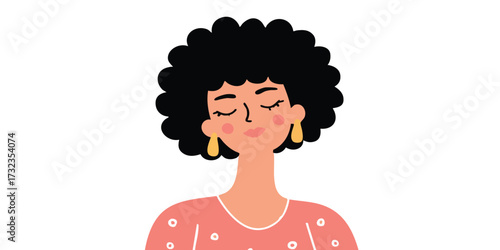 A peaceful young woman with curly hair and closed eyes, enjoying a moment of tranquil self-reflection. This illustration captures inner peace and serenity, evoking feelings of calm and introspection.