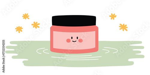 A cheerful cosmetic cream product stands out on a charming background and invites the viewer to the beautiful illustration. with elements that add depth and personality.
