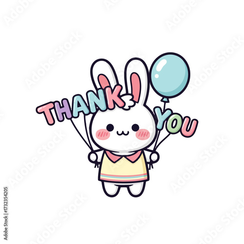 Cute cartoon bunny holding balloons with the words thank you written on them