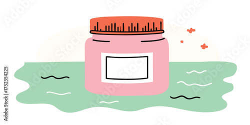 A whimsical illustration of a jar, potentially containing beauty cream or lotion, set against a playful backdrop of organic shapes, which could be interpreted as water or a watery environment.