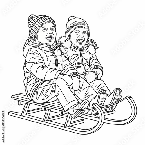 Joyful children sledding downhill black and white vector illustration scalable graphic design silhouette white background