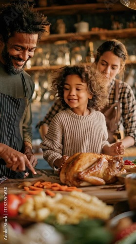 Family preparing Thanksgiving dinner together in rustic kitchen