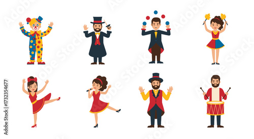 A collection of cartoon circus performers showcasing various talents with vibrant costumes.