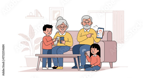 Grandparents sitting on a couch showing a mobile app to their grandchildren in a bright, modern living room.
