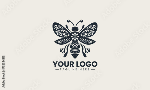 Decorative black silhouette of an elegant honey bee featuring beautiful floral and leafy ornamental vector design