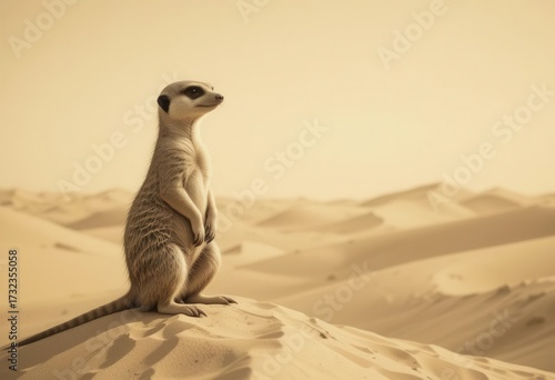 Retro Vigil  Meerkat in a Sepia Tinted Dune Landscape
