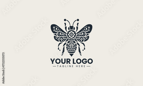 Decorative black silhouette of an elegant honey bee featuring beautiful floral and leafy ornamental vector design