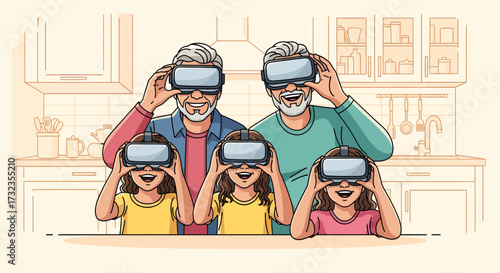 A smiling multi-generational family, including grandparents and children, enthusiastically experiencing virtual reality together at home.