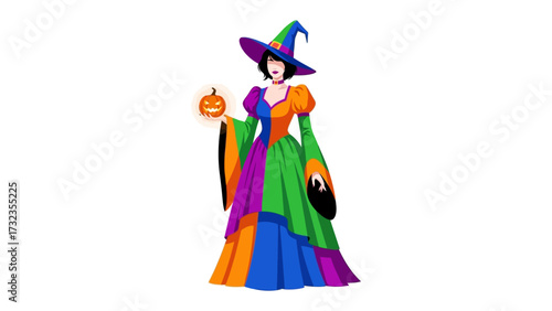 Enchanting Halloween Witch and Pumpkin: A captivating illustration presents a whimsical Halloween witch holding a glowing pumpkin, radiating an aura of magic and mystery with vibrant colors.