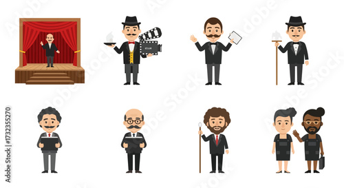 Collection of cartoon characters in various professions, including a magician, filmmaker, waiter, and diverse professionals.