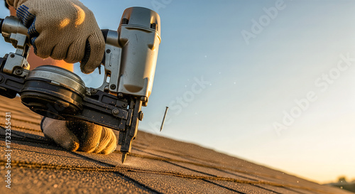 A roofer's hands nailing down a shingle on a roof with a nail gun an action shot of residential construction and home building with copy space
