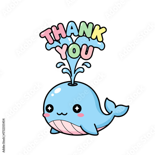 Cute, cartoon blue whale spouting water with thank you text above, isolated on transparent, symbolizing cheerful and refreshing expression gratitude and appreciation