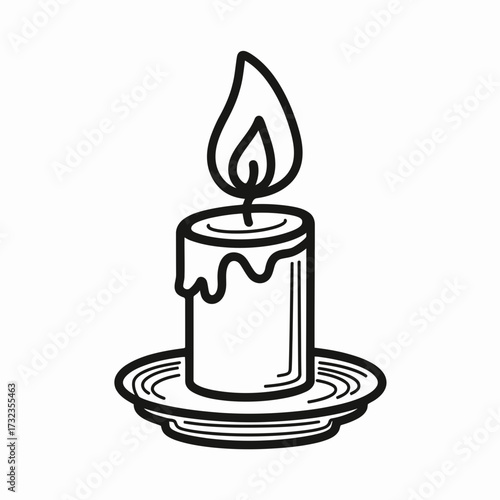 Black and white vector illustration of a lit candle on a saucer scalable eps icon silhouette white background