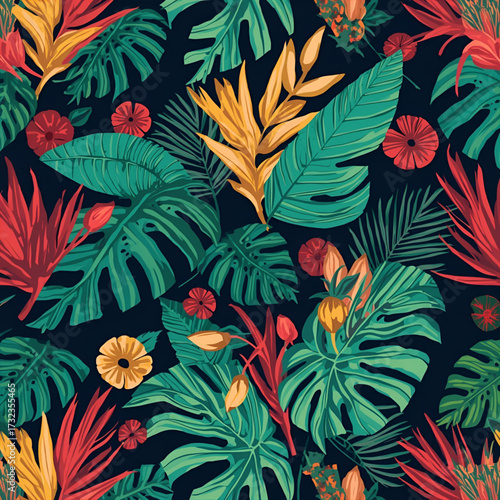 Vibrant Tropical Leaves Pattern - A Lush Backdrop of Exotic Foliage in Red, Green, and Yellow Hues