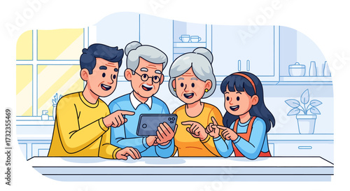 A smiling multi-generational family, including grandparents, a man, and a young girl, pointing at and interacting with a digital tablet.
