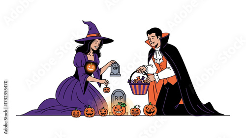 Mystical Halloween Gathering: In an enchanting illustration, a witch and a vampire prepare for a festive Halloween night, surrounded by jack-o'-lanterns, tombstones, and treats.