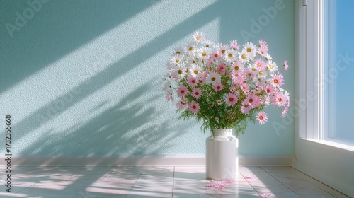 Daisies in White Vase with Sunlight on Textured Blue Wall Minimalist Still Life