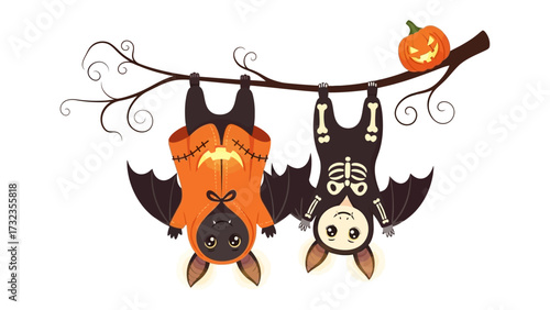 Halloween Bat Duo: Two Halloween-themed bats in costume playfully hang upside down, creating a spooky and fun atmosphere, perfect for Halloween.