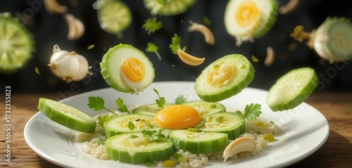 Hovering Bitter Melon  An Animated Looping Clip Featuring Egg, and Garlic floating Above the Plate Isolated Image to Display