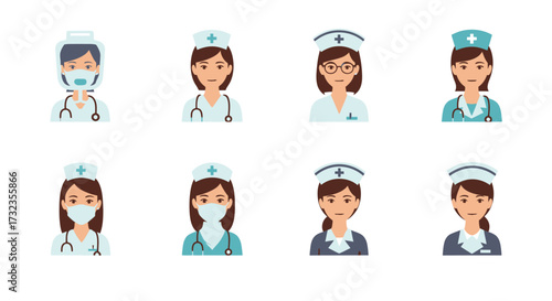Collection of eight diverse illustrations depicting female nurses with various expressions, attire, and accessories.