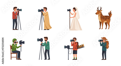 Collection of illustrations showing various people taking photographs with cameras on tripods and a deer.