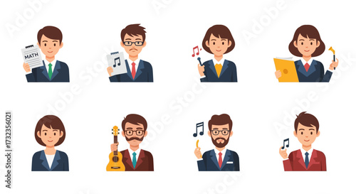 Eight diverse cartoon characters in business attire, each holding an item representing different professions and interests.