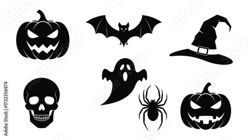 Spooky Halloween Silhouette: A collection of eerie black silhouettes featuring a grinning pumpkin, a fluttering bat, a witch's hat, a skull, a ghostly apparition, a spider, and another carved pumpkin.
