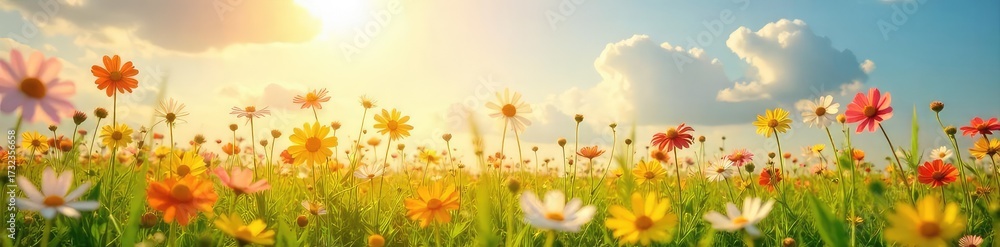 Fototapeta premium A sun-drenched field of wildflowers swaying gently in the breeze, embodying serenity and joy Perfect for concepts of peace, contentment, and well-being , peaceful scene, blooming flowers