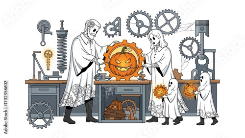 The Halloween Gear: A whimsical illustration of a Halloween-themed machine, complete with spooky ghosts and a glowing pumpkin. 