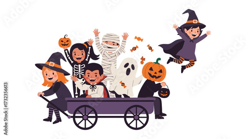 Halloween Costume Party: A cheerful parade of children in delightful costumes. A spirited scene perfect for Halloween celebration. 