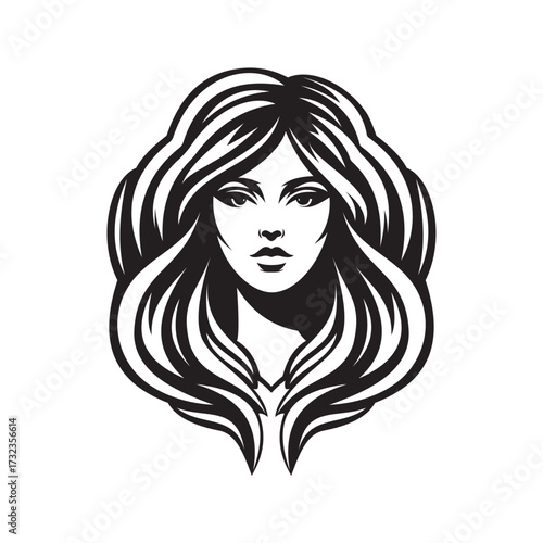 Black and white vector illustration of a beautiful woman with long wavy hair and elegant features. Perfect for beauty salon logos, fashion design, cosmetics branding, tattoo art, and feminine artwork.