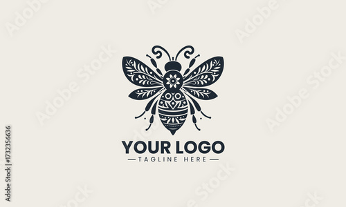 Decorative black silhouette of an elegant honey bee featuring beautiful floral and leafy ornamental vector design