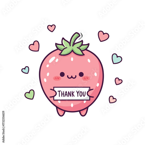 Adorable kawaii strawberry character with cute face and rosy cheeks, holding sign that says thank you, surrounded by floating hearts