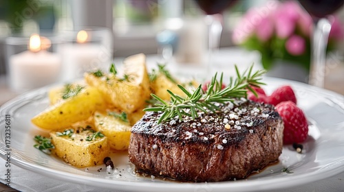 Elegant Dinner Plate with Grilled Steak Potatoes and Raspberries on White Plate with Blurred Background in Warm Candle Light