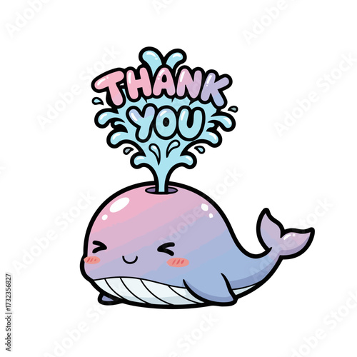 Adorable cartoon whale spouting water with thank you text in pastel colors, , conveying message thanks with playful and whimsical aquatic theme, ideal for thank you notes and oceanthemed designs