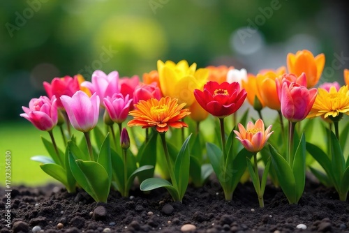 A vibrant arrangement of flowers planted directly into the ground, creating a stunning, naturally blooming bouquet Perfect for garden, floral, and landscaping themes , garden design, blooms